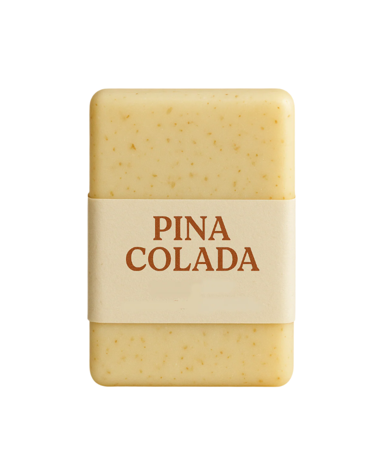 Bar of soap with 'Pina Colada' label on a white background