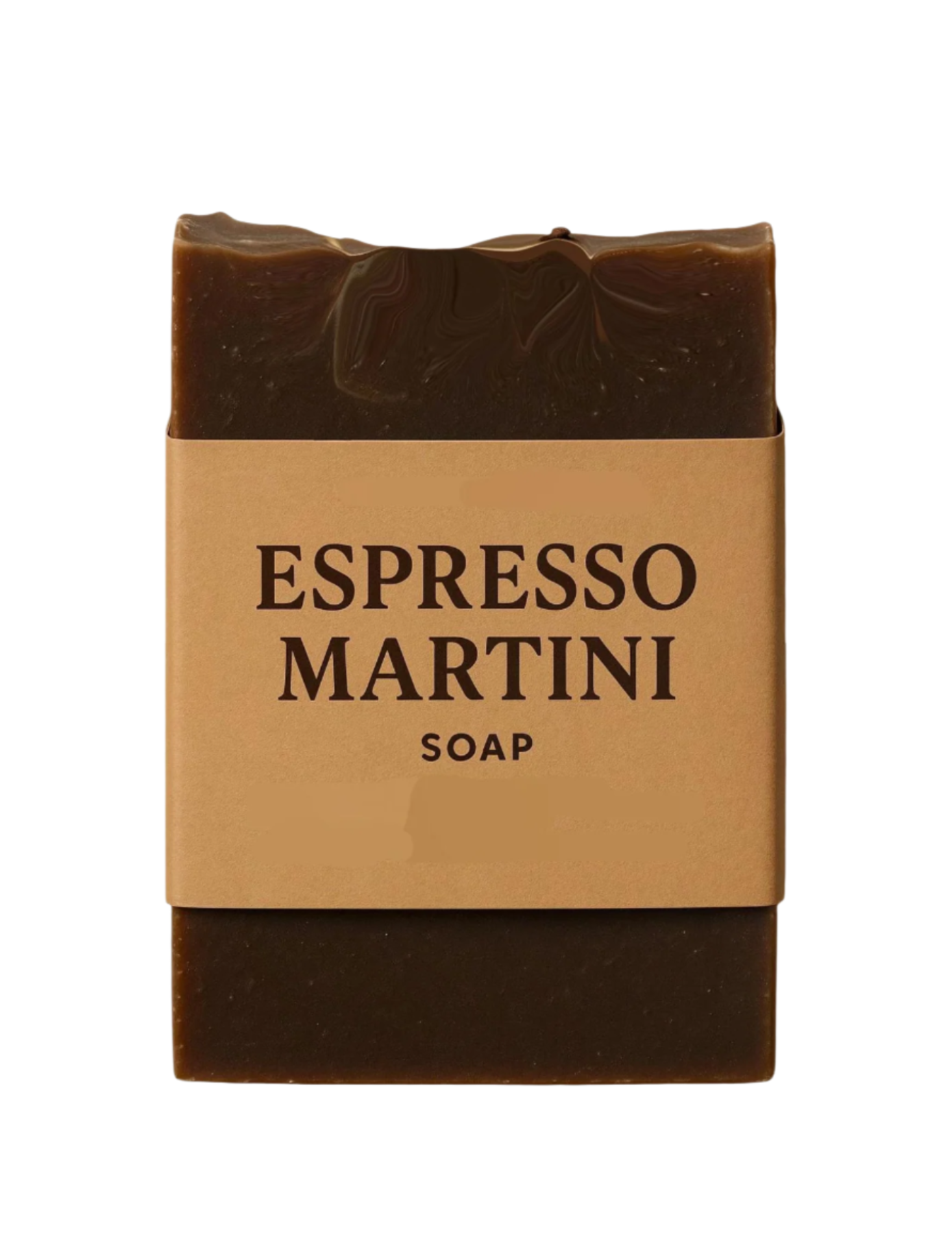 Bar of soap with a brown top and beige label reading 'Espresso Martini Soap' on a white background.