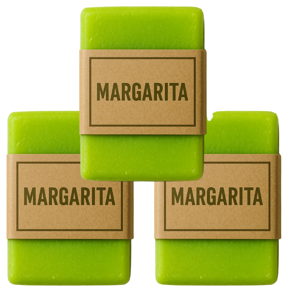 SipnSuds: Three green soap bars with 'Margarita' labels on a white background