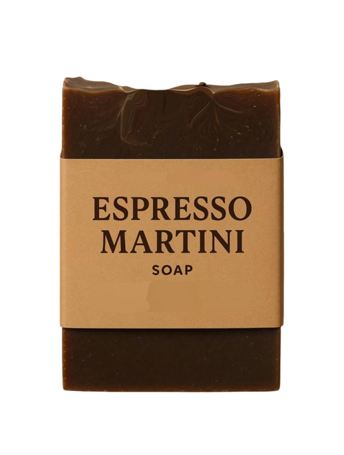 Bar of soap with a brown top and beige label reading 'Espresso Martini Soap' on a white background.